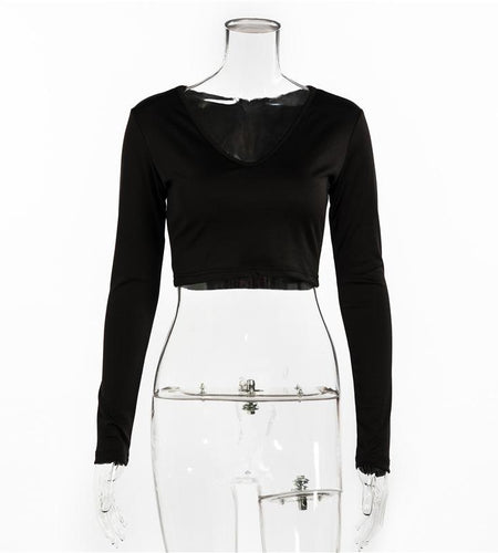 Women's Sexy Basic Scoop Neck Long Sleeve Slim Solid Color Crop Top